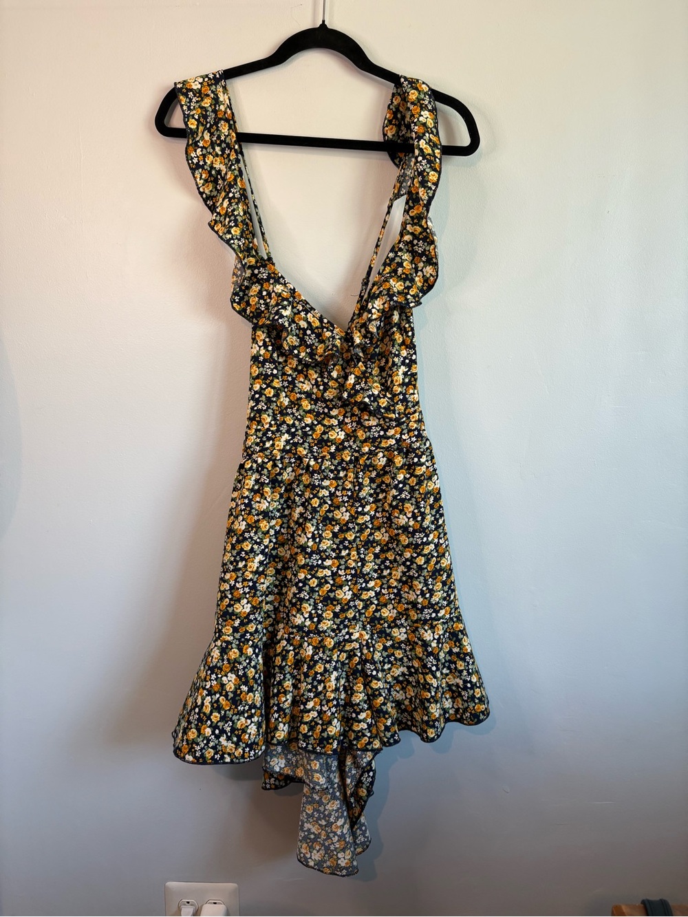 SHEIN Blue Floral Ruffle High-Low Romper with Yellow & White Flowers